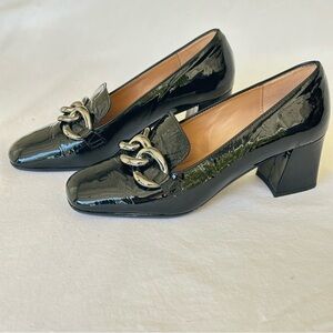 Italian Black Patent Leather Loafer block heels with Chain Accent
